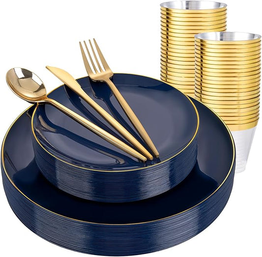 bUCLA 150PCS Blue and Gold Plastic Plates - 25 Guests Navy Blue Plastic Dinnerware Disposable for Party and Graduation - Include 25 Dinner/Dessert Plates, 25 Knives, 25 Forks, 25 Spoons, 25 Cups