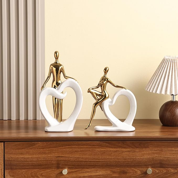 Ceramic Statues Aesthetic Abstract Couple and Heart Sculpture Modern Home Decor Decorative Statue for Living Room Bedroom Bookshelf Table Centerpiece Office (White and Gold)