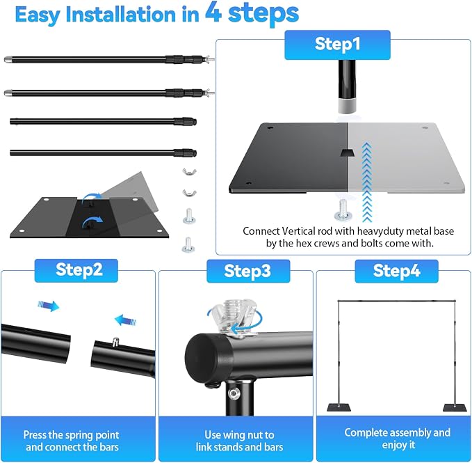 Heavy Backdrop Stand Kit, 10x10 ft Adjustable Photographic Background Stand Support System Kit, Suitable for Professional Photography, Wedding, Family Celebration, Party, Birthday