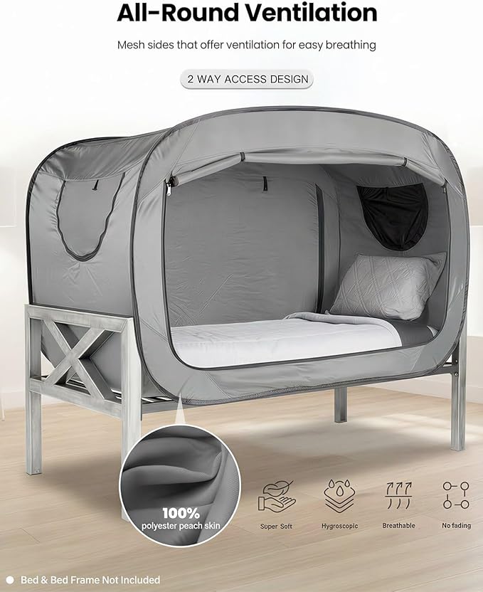 ANC POP Bed Tent Full Bed Canopy Portable Dream Tent for Adult Indoor Sleeping Tents with 2 Doors Breathable Private Space Tents, Grey