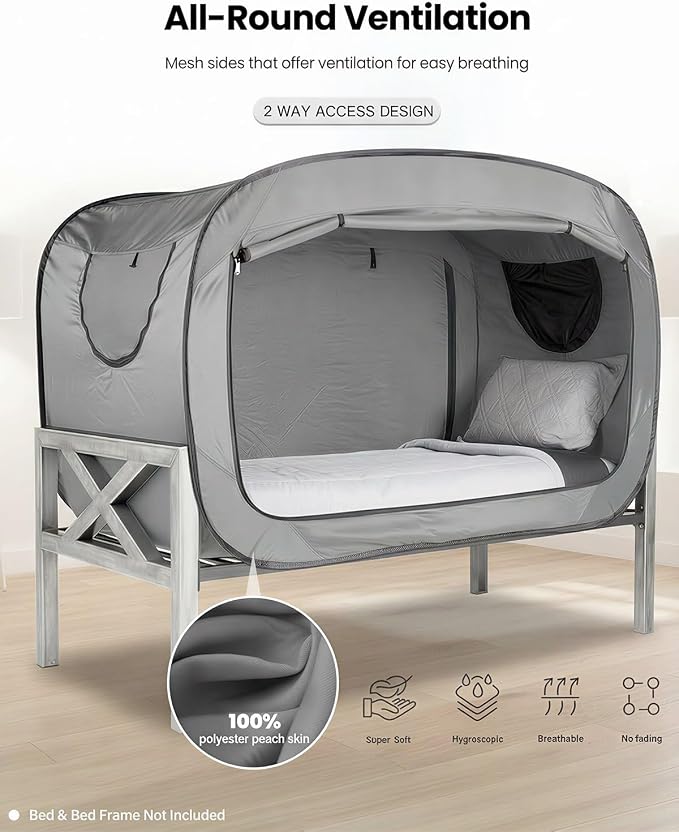 ANC POP Bed Tent Twin Bed Canopy Portable Dream Tent for Adult Indoor Sleeping Tents with 2 Doors Breathable Private Space Tents, Grey