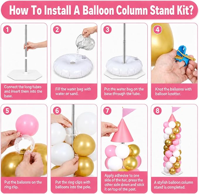 2 Sets Pink Princess Castle Balloon Column Stand Kit with 100 Balloons 2 Tricorne Hat 2 Pennant Pink White Gold Adjustable Balloon Tower Stand with Base for Princess Wedding Birthday Party Supplies