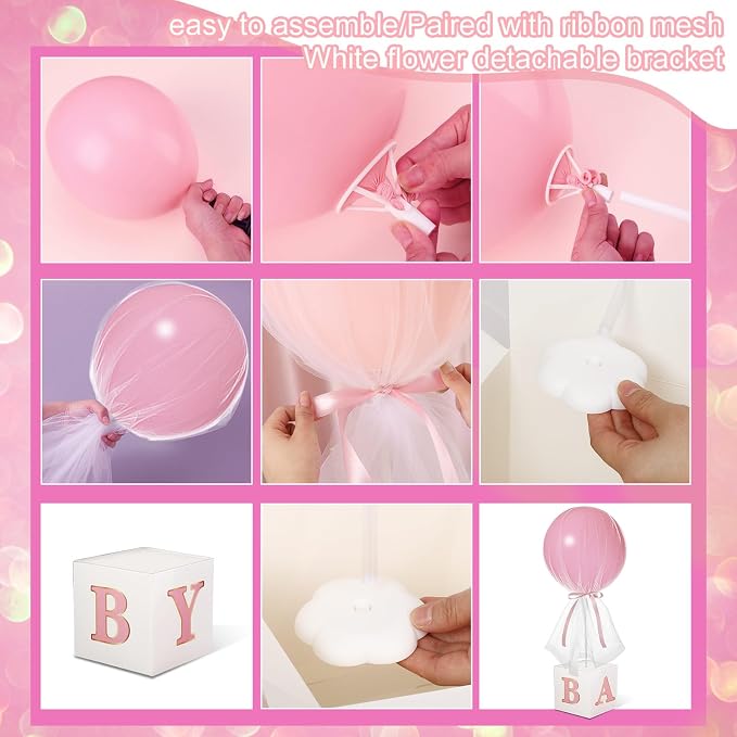 6 Set 24'' Pink Gold Tulle Tutu Balloon with Letter Boxes Princess Baby Shower Table Centerpiece Decor for Gender Reveal Latex Balloon White Tulle Cover with Stand Box for Girl Wedding Birthday Party