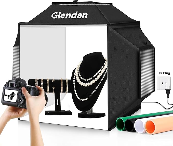 Glendan Portable Light Box Photography: 20"x 20" Upgrade Dimmable Photo Booth Soft Box with 1222 LED Lights - Photo Studio Box with 4 Color PVC Backdrops for Jewelry Product Photography
