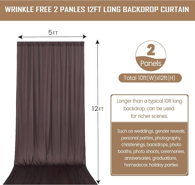 10ftx12ft Brown Backdrop Curtains for Wedding-Wrinkle Free Backdrops Curtain Drapes Fabric Decorations Photo Back Drop Cloth for Baby Shower Photography Stage Reception 2Panels 12ft(H) x 5ft(W)