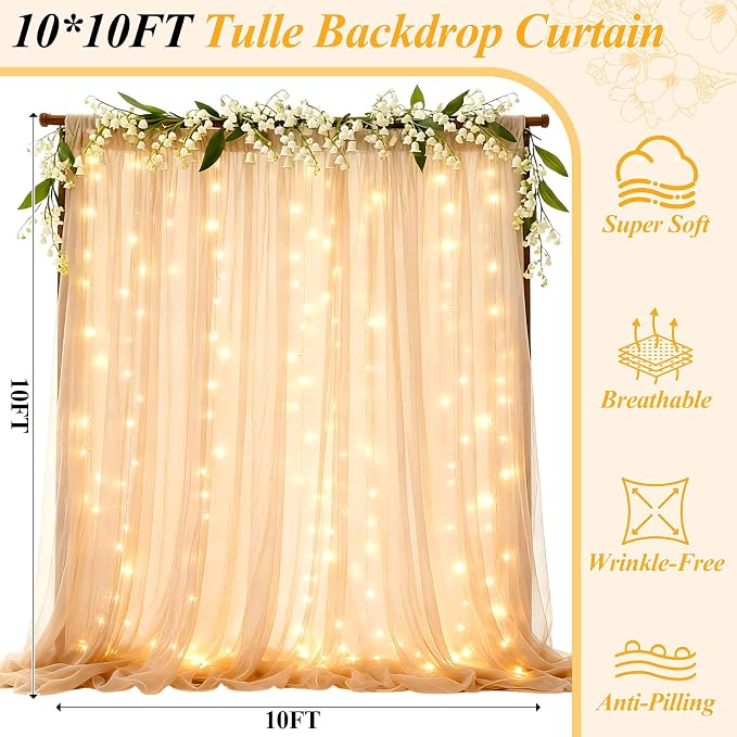 Ledido 3 Pack 10×10ft Champagne Tulle Backdrop Curtain with Light String - 900LED Fairy Light Sheer Curtain Backdrop for Wedding Baby Shower Photo Shoot Birthday Party Decor(6 Panels 5×10ft)，Champagne