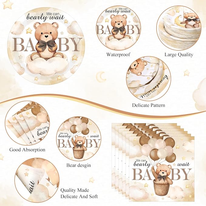 Funnymoom 452 Pcs 50 Guests We Can Bearly Wait Baby Shower Decorations, Brown Neutral Baby Shower Paper Plates Napkins Cups Tablecloth Cutlery Straws Tableware Set for Gender Reveal Party Supplies