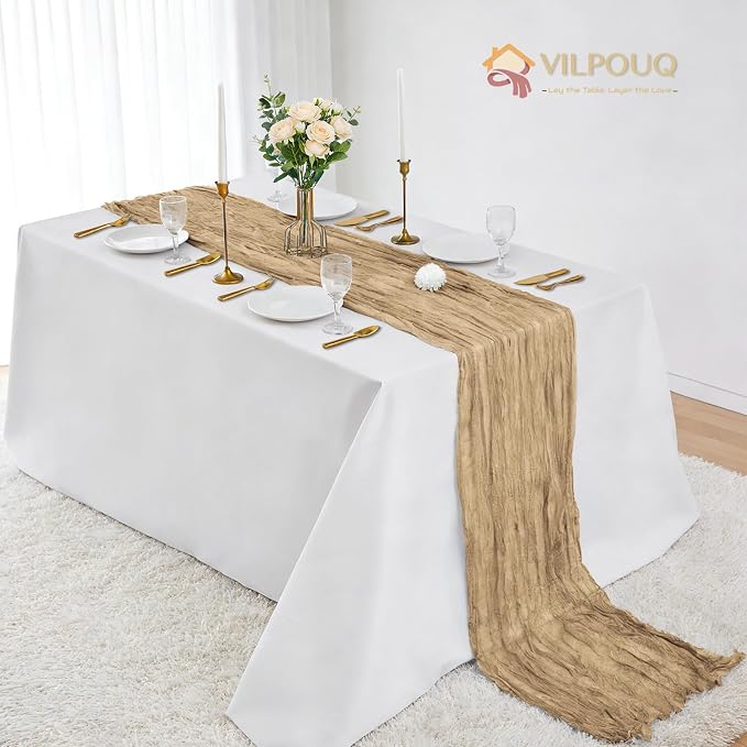 6 Pack Beige Cheesecloth Table Runner 21x120 Inches, Boho Gauze Rustic Semi Sheer Cheese Cloth Table Runners for Easter Wedding Bridal Baby Shower, Birthday Party, Long Farmhouse Table Decor
