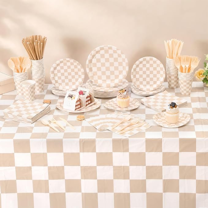 Funnymoom 452 Pcs Beige and Brown Gingham Party Supplies for 50, Beige Checkered Plaid Paper Plates Napkins Cups Tablecloth Cutlery Straws for Picnic Camping Birthday Baby Shower Decoration