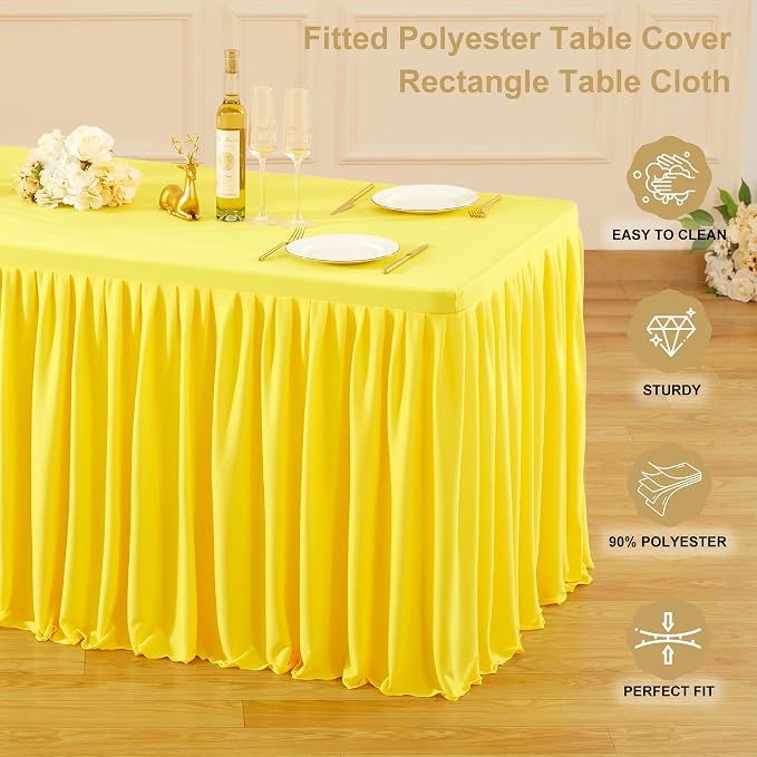 Wish Care 6 Pack Yellow Rectangle Table Clothes for 8 Foot Tables, Polyester Fitted Tablecloths 8ft Stretch Table Cover for Wedding, Birthday, Parties, Trade Show, Craft Show