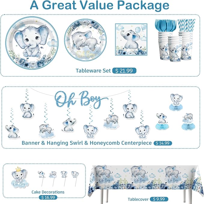 Xynic 206pcs Elephant Baby Shower Decorations Complete tableware Set, for 25 Guests, Blue Elephant party Decorations, Disposable Plates and Napkins, Banner, Tablecloth for Baby Shower Decoration Boy