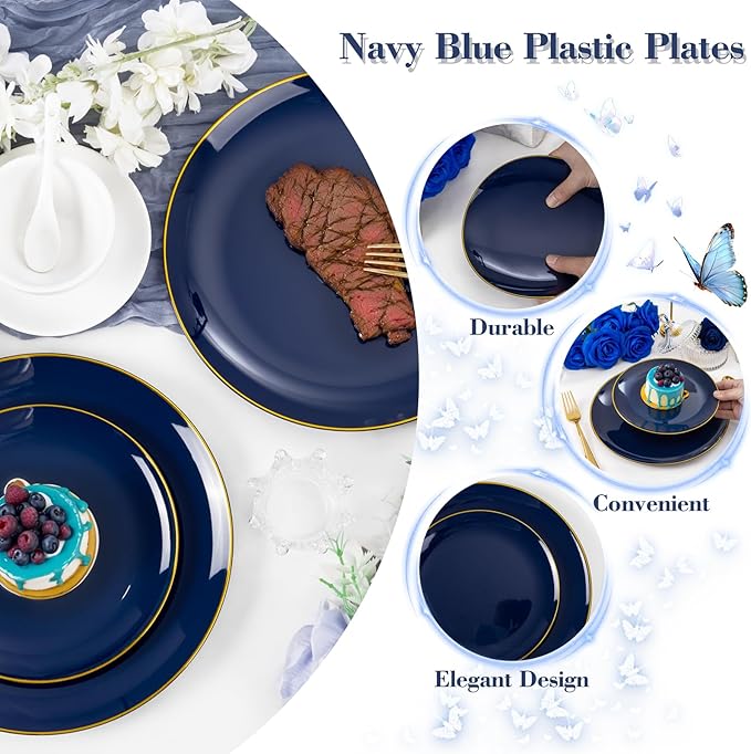 YOUBET 125PCS Blue Plastic Plates - Navy Blue Disposable Plates With Gold Rim Include 25 Dinner Plate, 25 Dessert Plate, 75 Gold Silverware Cutlery for Party & Wedding