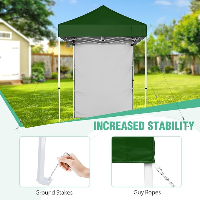 5x5 Pop Up Canopy Tent with One Sidewall, Instant Portable Beach Canopy, Outdoor Tent with Carry Bag for Camping, Sports, Tailgating, Events, Green