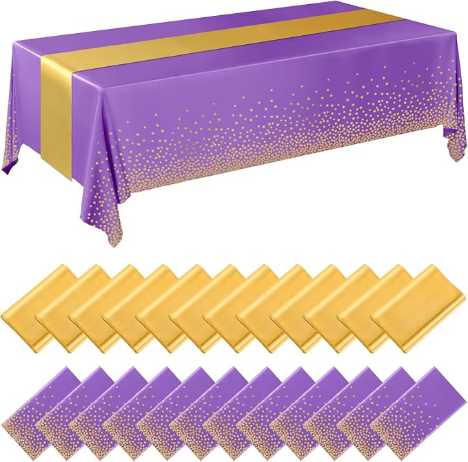 Breling 24 Pack Purple and Gold Disposable Plastic Tablecloths and Satin Table Runner Set, 54 x 108 Inch Tablecloth, 12 x 108 Inch Table Runners for Wedding Graduation Birthday Baby Shower