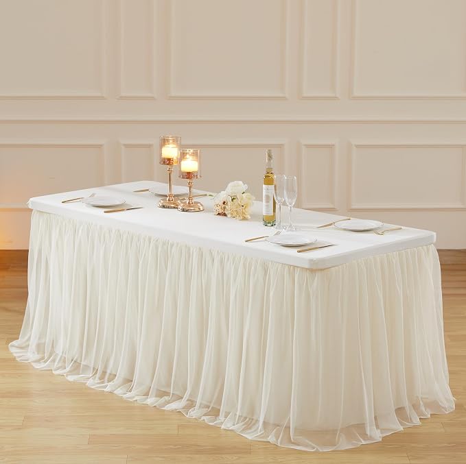 Tulle Tablecloth Table Skirt for 6 Foot Rectangle Tables Table Covers with Ruffle Tutu Table Skirt for Wedding Reception Party Birthday, Champagne, 4 Pack, 6ft Table Cloth