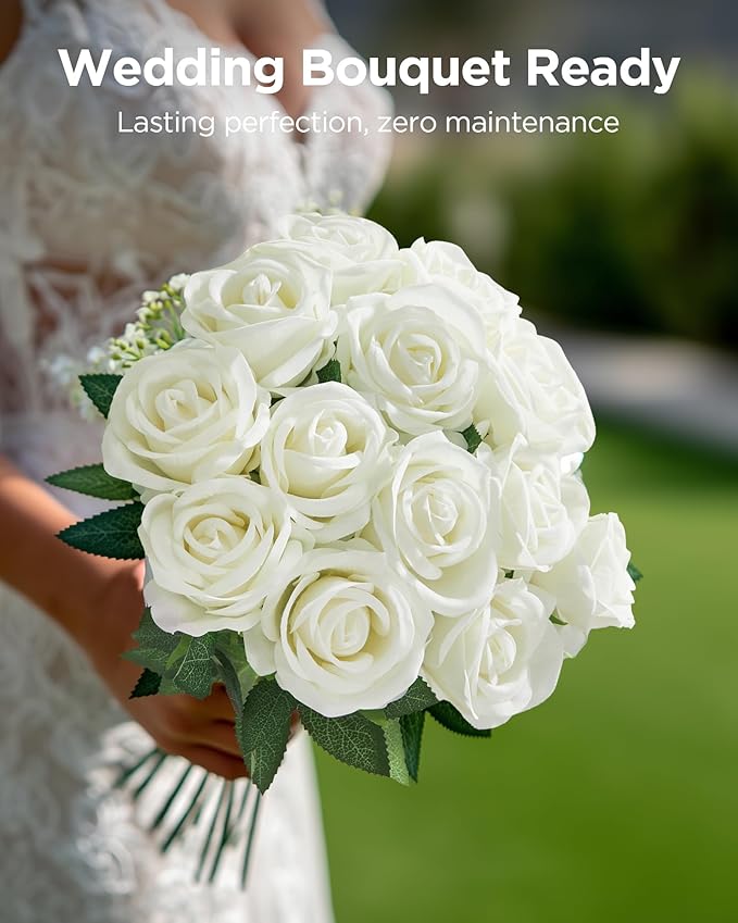 InnoGear 50 Pcs White Roses Artificial Flowers, Fake Velvet Silk Rose Bulk Faux Flower for Mother's Gift Decoration DIY Wedding Centerpieces Proposal Bridal Bouquets Party Floral Decor (50, White)