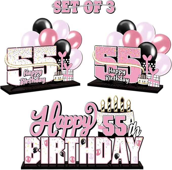 LINGTEER Happy 55th Birthday Pink Acrylic Table Topper Centerpieces Set - Cheers to 55 Years Old Birthday 55th Bday Party Gift Decorations.