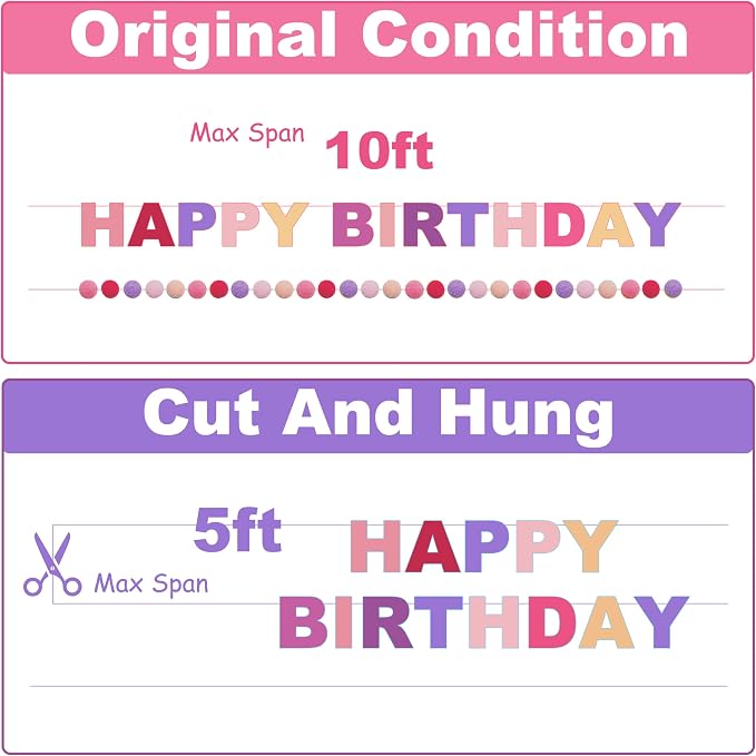 2 PCS Pre-Strung 3D Felt Happy Birthday Banner - Reusable Happy Birthday Decorations Sign, Felt Ball Garland, Pom Pom Garland, Party Decor, Photo Prop（pink & purple）