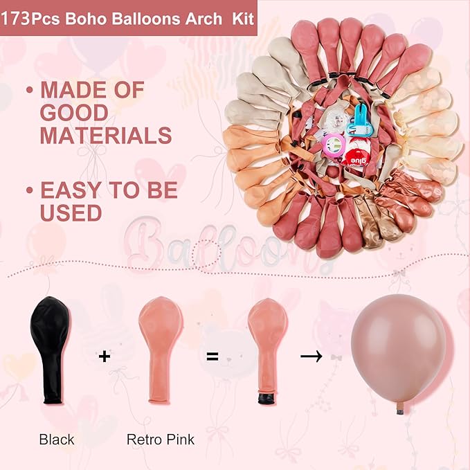 Amandir 173Pcs Dusty Rose Pink Nude Balloon Garland Arch Kit, 18In Retro Blush Peach Mauve White Sand Gold Confetti Balloons for Monther Day Shower Wedding Boho Birthday Party Decorations