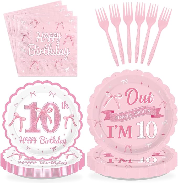 96Pcs Pink Bow Party Supplies Coquette 10th Birthday Party Plates and Napkins Disposable Bow Themed Tableware Set for Girl Happy 10th Birthday Baby Shower Decorations, Serves 24