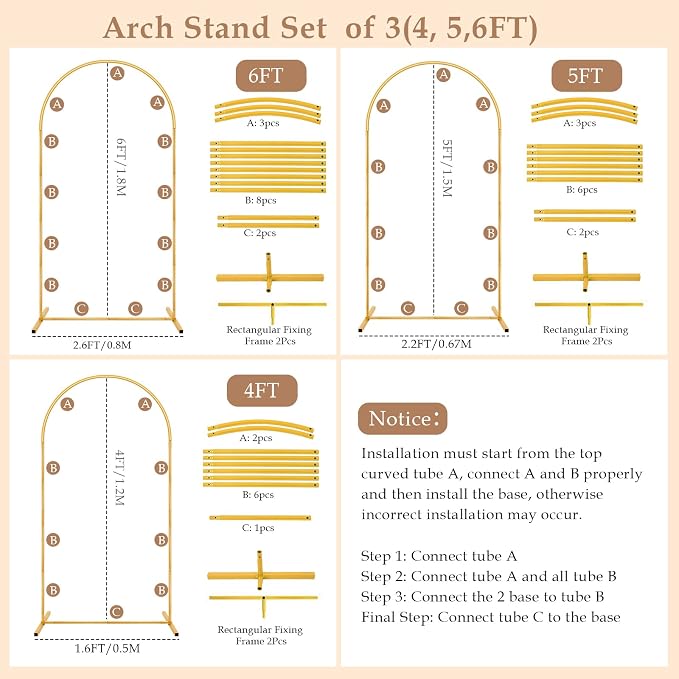 Metal Arch Backdrop Stand Set of 3(6 ft, 5 ft, 4 ft) Party Arch Stands for Wedding, Birthday, Baby Shower, Bridal Shower, Balloon Arched Frame for Garden Decor, Gold Floral Arches,Valentines Day