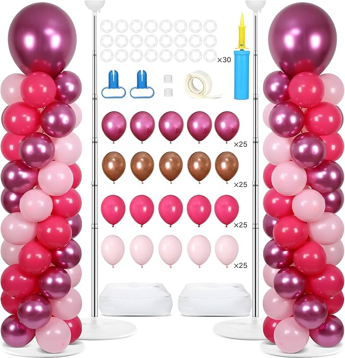 2 Sets Pink Balloon Column Stand Kit with 100 Balloons Adjustable Balloon Tower Stand with Bases for Floor Hot Pink Column for Girls Graduation Mother's Day Birthday Wedding Spring Party Decor