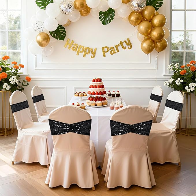 SquarePie Black Sequin Chair Sashes Bows 120 Pack Glitter Chair Covers Bands for Wedding Banquet Birthday Party Event Decor