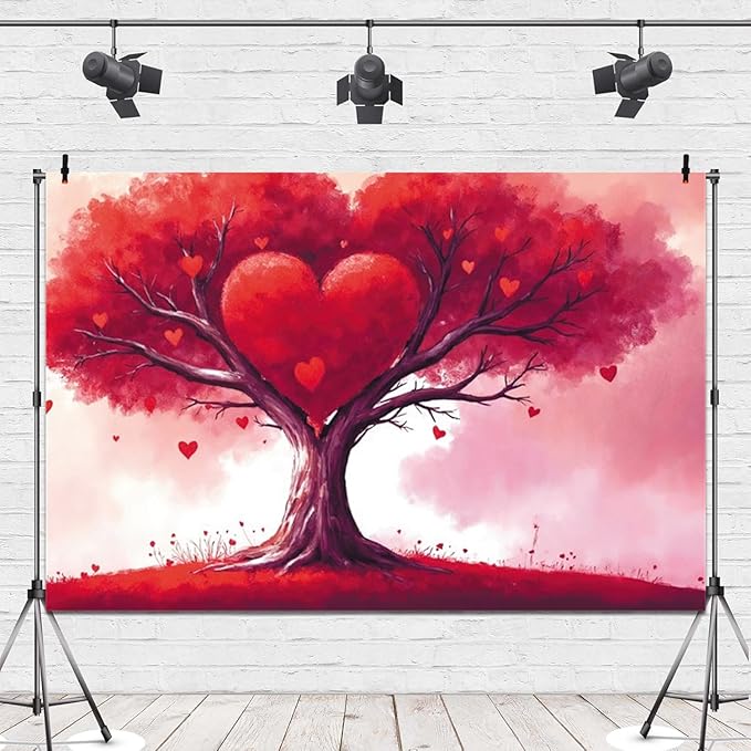 9x6ft Vinyl Red Heart Backdrop Valentines Heart Tree Background Happy Valentine's Day Wall Decor Mother's Day Bridal Engagement Backdrops for Photography