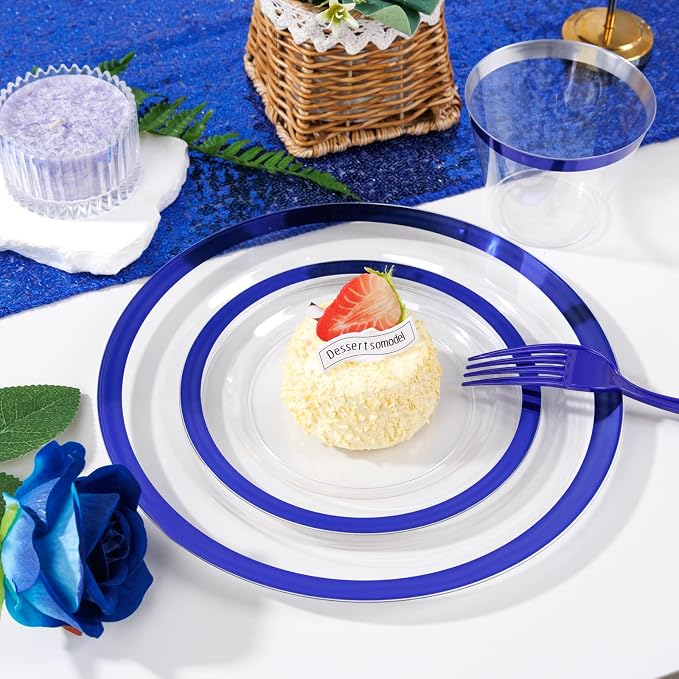 Liacere 350PCS Blue Plastic Plates - Clear with Blue Trim for 50Guests Dinnerware Include 100 Clear Plates disposable 150 Silverware 50Napkins for Wedding＆party&Graduation&Summer