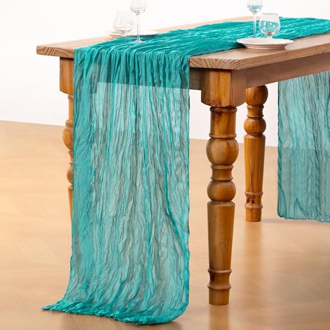 DeZerlor Teal Green Cheesecloth Table Runner 10 Pack Spring Easter Table Runners Boho Gauze 120 Inches Turquoise Cheese Cloth Table Decorations for Easter Wedding Bridal Baby Shower Parties