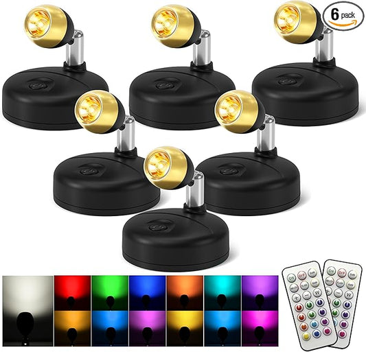KINDEEP Mini Spotlight for Displays Indoor: LED Uplighting Wireless, RGB Spot Lights with Remote, Timer＆Dimmable, Picture Lights for Painting, Artwork, Accent Lighting, Black, 6 Pack