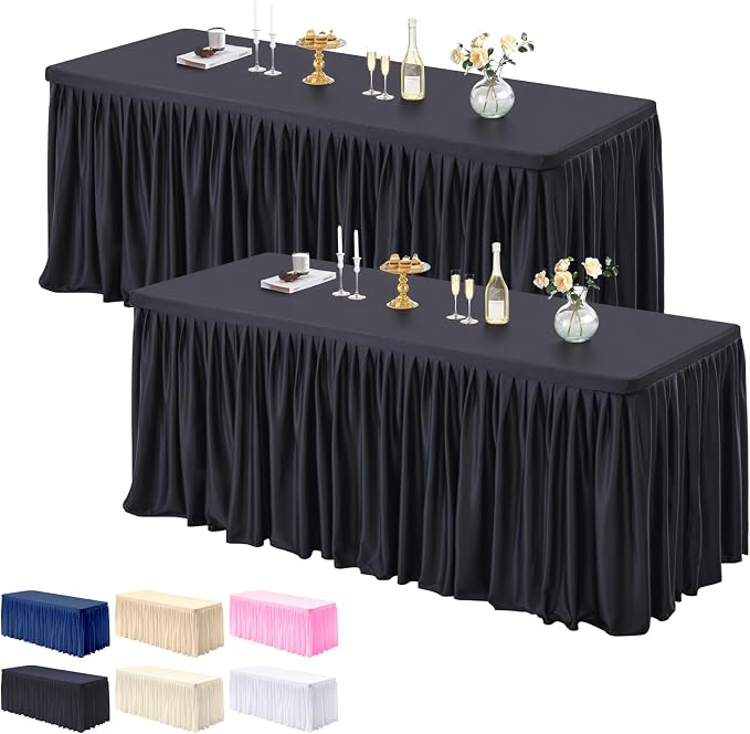 PARTISKY 2 Pack Black Tablecloths for Rectangle Tables 4ft, Wrinkle Resistant Black Table Cover Fitted Stretch Table Cloth with Pleated Ruffle Skirts for Party Banquet Dining Birthday Wedding