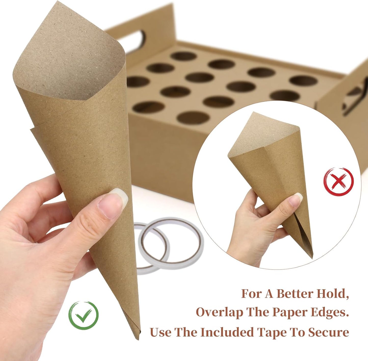 2 Set Wedding Confetti Cone Stand Box, 2 Party Cardboard Cone Holders Trays of 20 Holes Each with 40 Kraft Cone Paper for Wedding, Party, Celebration, Decoration