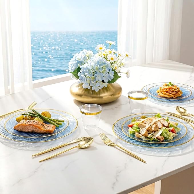 N9R 180 PCS Disposable Dinnerware Set with Gold Rim Blue Plastic Plates for 30 Guests, Include 30 Dinner Plates, 30 Dessert Plates, 30 Cups, 90 Heavy Duty Gold Plastic Silverware for Party & Wedding