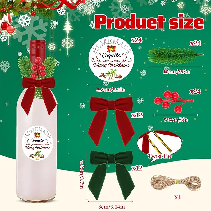 121 Pcs Christmas Coquito Wine Bottle Label Stickers Set,24Coquit Label Stickers 24 Velvet Bows 48 Pine Branches and Berry Stems for DIY Craft Xmas Party Dinner Table Decoration (No Wine Bottle)