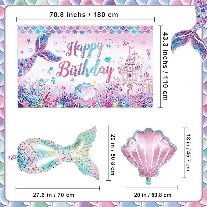 Mermaid Birthday Decorations – Includes Banner, Backdrop, Foil & Latex Balloons, Hanging Swirls, Cake & Cupcake Toppers, Honeycomb Centerpieces for Girls Mermaid Party Decorations