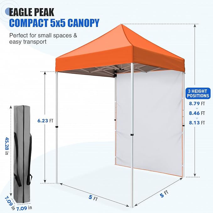 EAGLE PEAK Pop up Canopy 5x5, Outdoor Portable Canopy Tent with One Removable Sunwall, Carry Bag Included, Orange