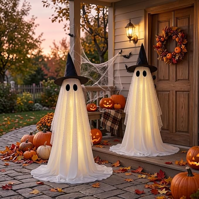 Halloween Decorations Outdoor, Spooky Ghost Halloween Decor with Witch Hat | Set of 2, Adjustable Height,Remote Control & Timer,Unique Ghost & Witch Fusion Design, Sparkling Sheer Tulle and White Fabric