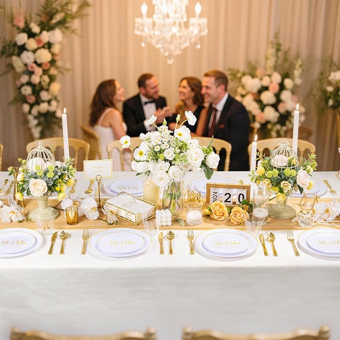 I00000 Mr and Mrs Wedding Plastic Plates and Napkins Set,Bridal Shower Plates Set for 25 Guests Include 25 Dinner Platos,25 Dessert Platos,25 Cups,25 Napkins,25 Gold Cutlery for Engagement Party Decor