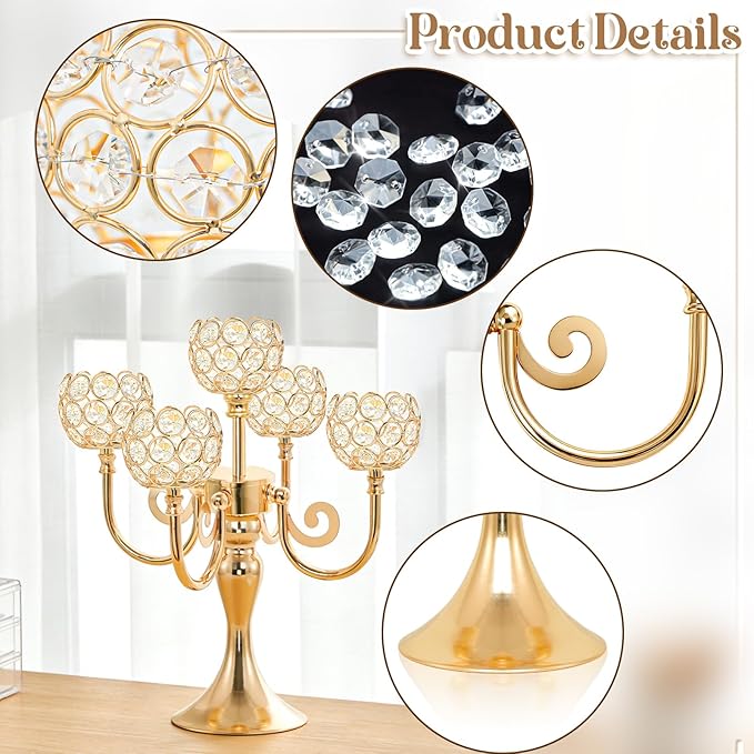 5 Arm Metal Crystal Candelabra Centerpiece - 13.4 Inch Elegant Candle Holder with Crystal Beads for Wedding Party Christmas Home Dining Table Decoration (4, Gold)