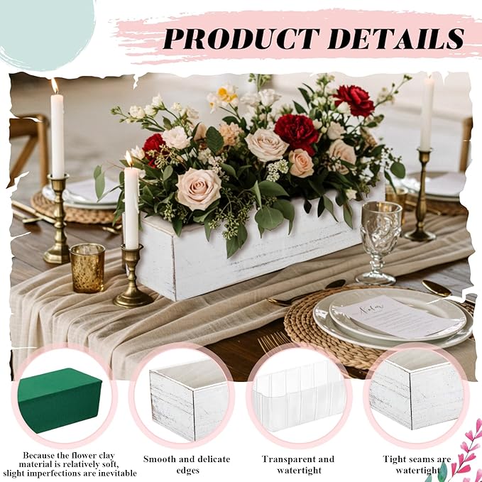Dandat 10 Set Wood Boxes for Centerpieces 12x4 Inch Rectangle Wooden Planter Box Rustic Wooden Planters with Removable Plastic Liner Floral Foam Blocks for Christmas Wedding Home Garden Decor(White)