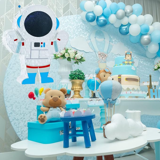 Meooeck Astronaut Piñata 14.5 x 12.2 x 2.95 Inch Outer Space Party Decorations Space Themed Party Supplies with Plastic Stick Paper Blindfold Confetti for Birthday Kids Boys Girls Decoration
