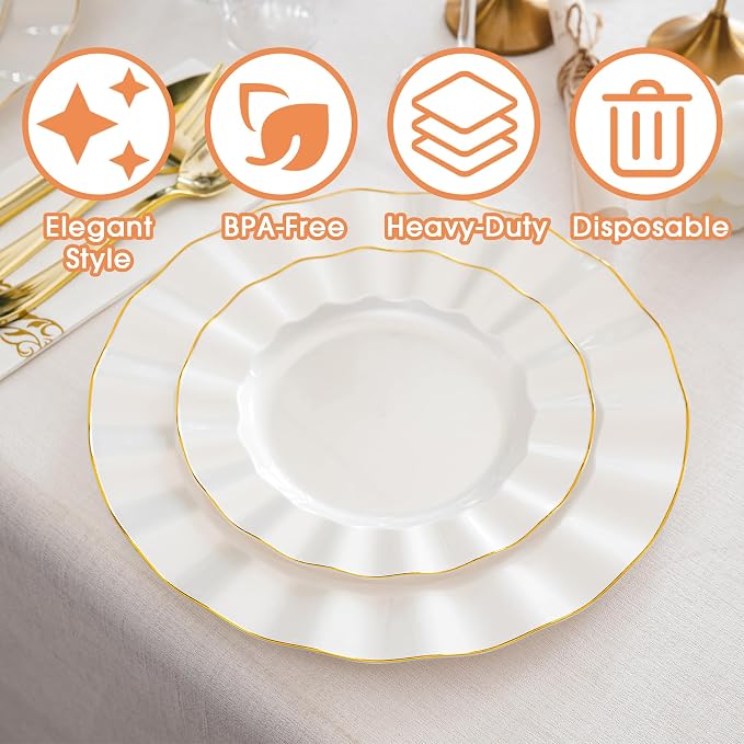 175PCS Gold and White Plastic Dinnerware Set, Plastic Party Plates for 25 Guests, 50 Disposable Plates, 25 Heavy Duty Silverware, 25 Cups, 25 Napkins for Party and Wedding