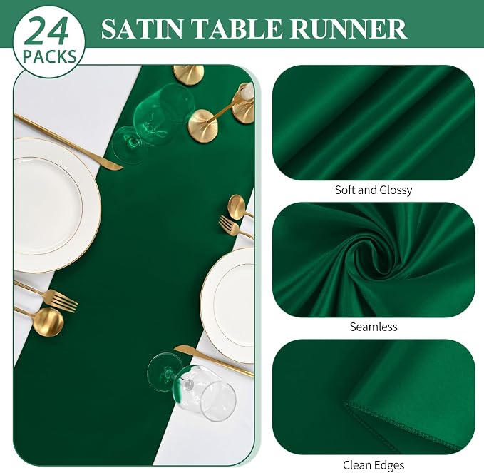 24 Pack Forest Green Satin Table Runners 12 x 108 Inch Long Table Runners for Rectangle Round Tables,Smooth Table Runner for Wedding, Birthday Party Banquets Graduation Engagements Decoration
