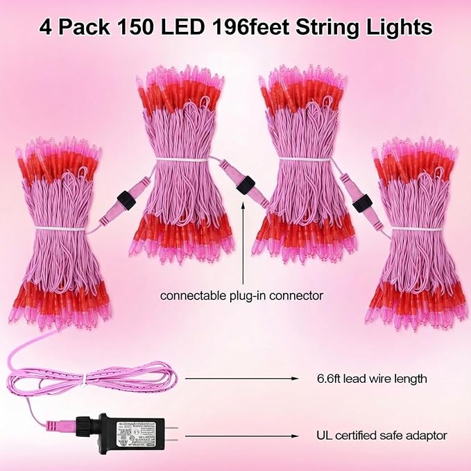 Christmas Lights - 196ft 4 Pack 150 Count Connectable Waterproof Led Fairy Lights Bulbs for Indoor Outdoor Christmas Tree Wedding Valentine's Day Decor (Pink, 150 Count - 4 Pack)