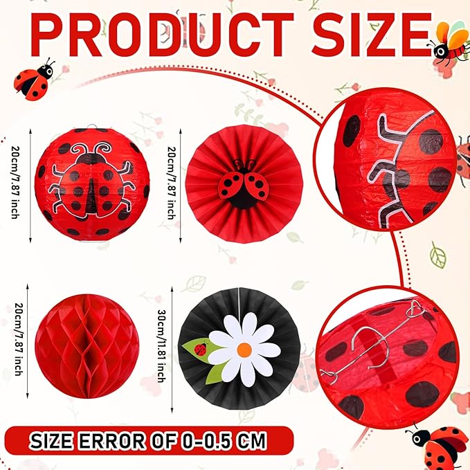 Retisee 18 Pcs Ladybug Party Decorations Kit Red Black Polka Dot Ladybug Flower Paper Lanterns Hanging Decoration Red Black Paper Fans Hanging Honeycomb Ball for Lady-Bug Birthday Party Supplies
