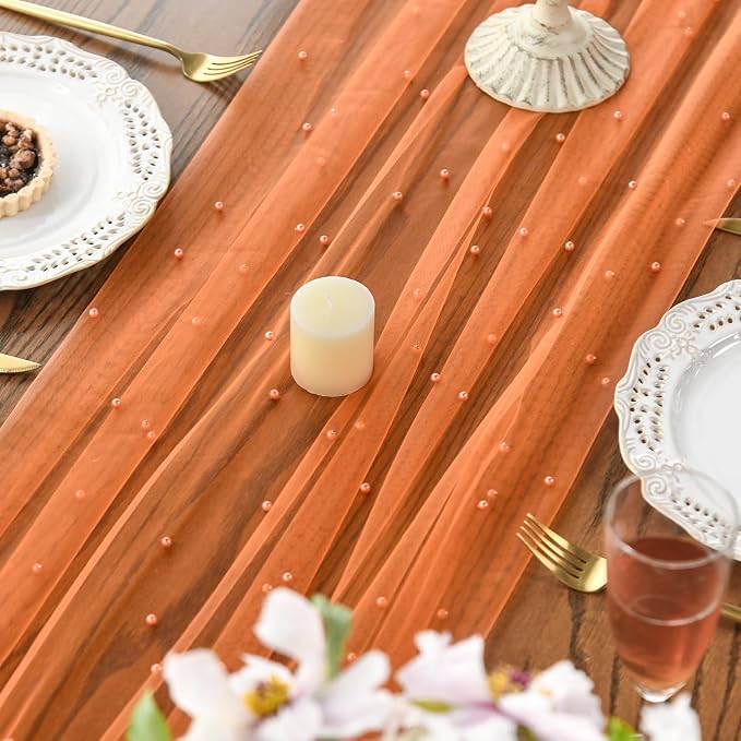 Artoid Mode Pearl Orange Gauze Table Runner 59x120 Inch , Seasonal Sheer Kitchen Dining Holiday Wedding Birthday Baby Shower Table Decor for Home Party