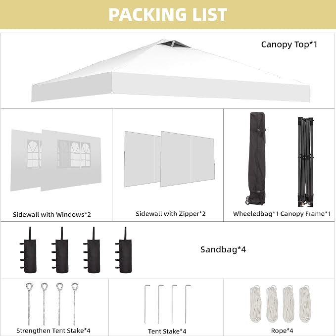 GDY 12x12ft Pop Up Canopy Tent with 4 Sidewalls, with Center Lock, 3-Level Height Adjustment, Wheeled Bag, for Gardens, Poolside, or Patio Lounge Spaces, White
