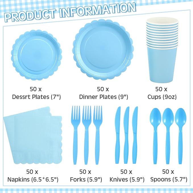 Ziliny 200 Pcs Light Blue Plates and Napkins, 25 Guest Spring Party Supplies Include Scalloped Paper Plates Napkins Cups Plastic Spoons Forks Knives Disposable Tableware Set for Baby Shower