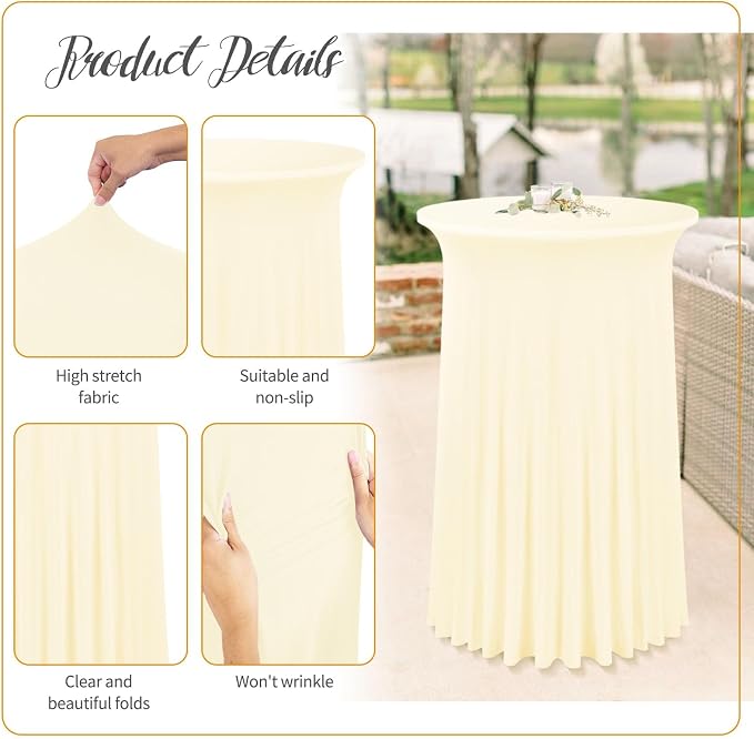 6 Packs 32"x 43" Round Cocktail Table Skirt, Spandex Fitted High Top Table Skirt, Spandex Stretch Cocktail Tablecloth for Wedding Party Bar Banquet Birthday Tables(Beige)